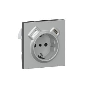 Розетка встраиваемая Donel R98 с заземлением и шторками + зарядка USB A+C 20W Алюминий матовый DA15500-DA22226